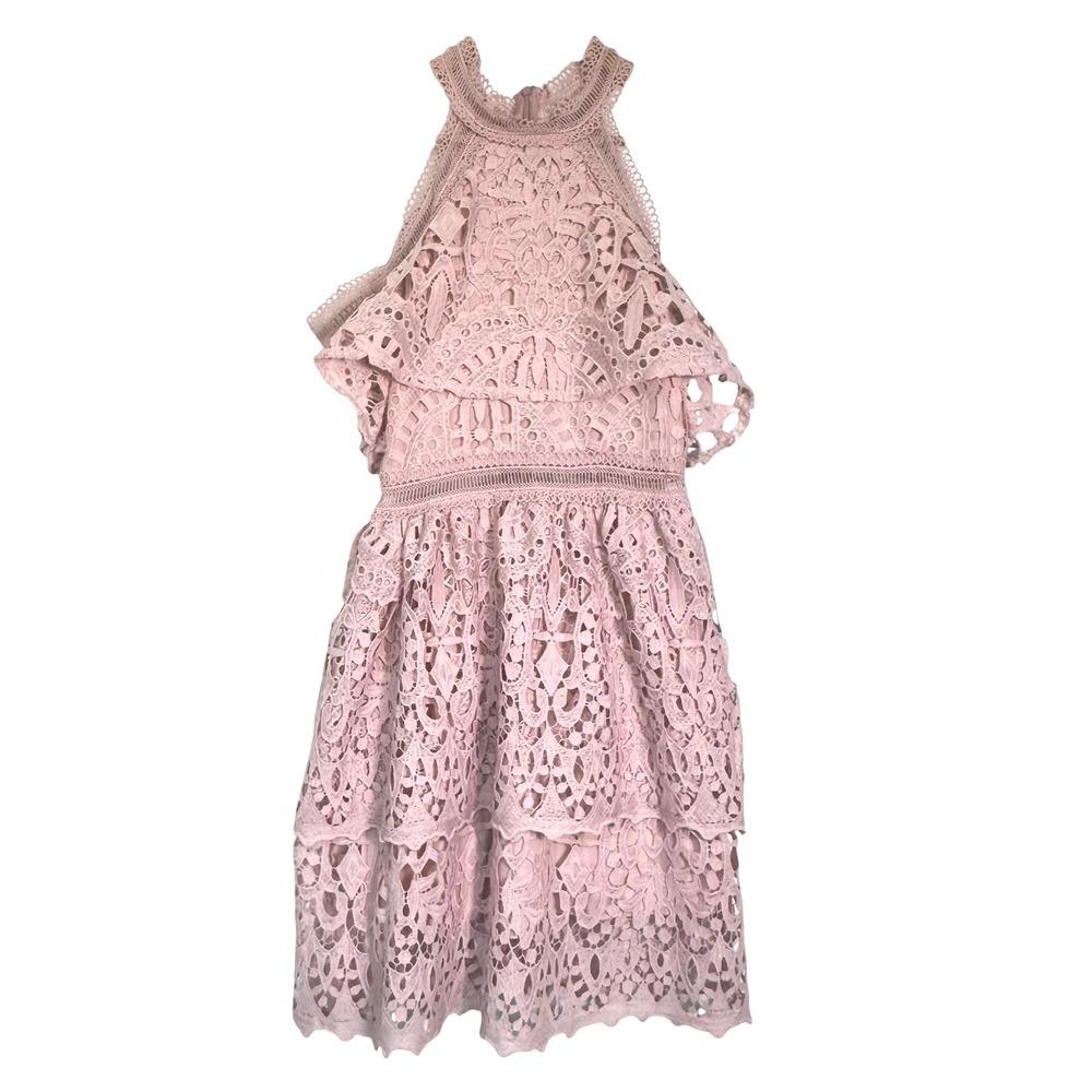 CHICWISH Size XS Pink Lace Halter‎ Dress Tiered Ruffle Sleeveless Party Cocktail